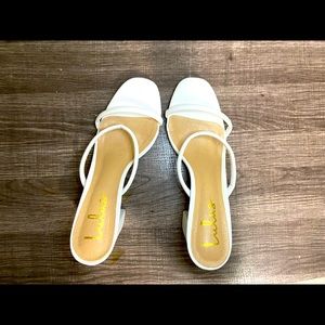 White open toe block low heeled sandals